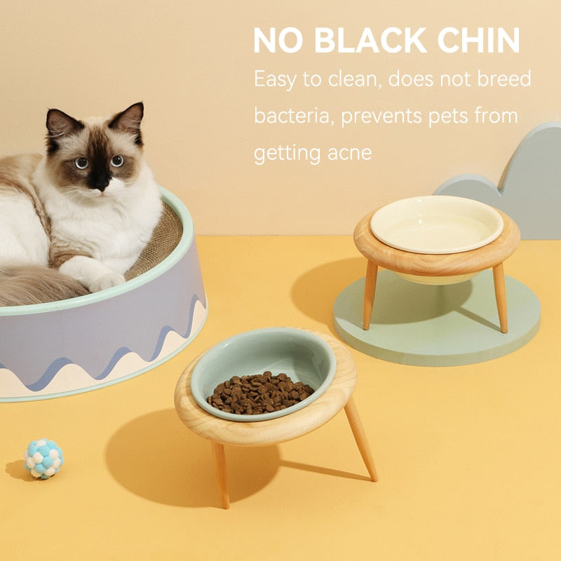 800ml Cat Food Water Bowl with Wood Stand Small Medium Dogs Elevated Drinking Eating Feeder Pet Ceramic Feeding Supplies